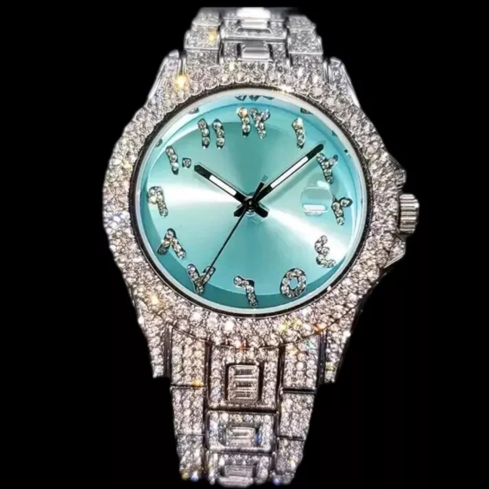 Mens Luxury Full Iced Out Simulated Diamond CZ SilverPlated Arabic Numeral Watch
